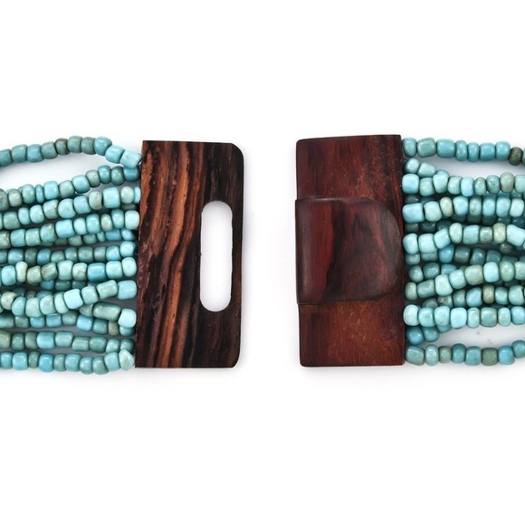 Stretchy Chunky Blue Seed Bead Necklace Bracelet Wooden Clasp Necklace Strands - Picture 5 of 8